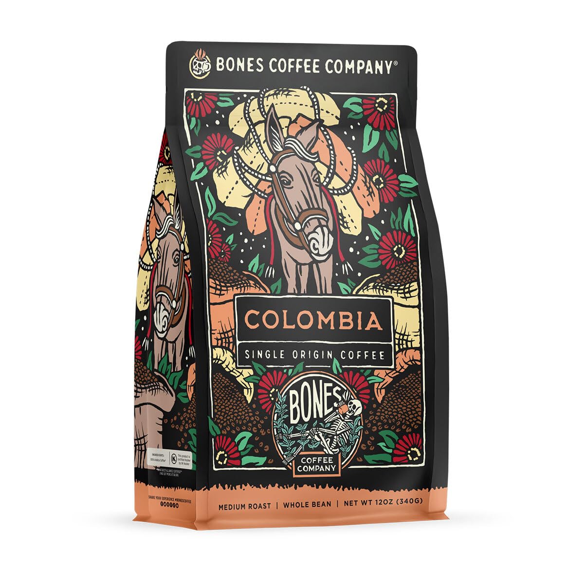 Bones Coffee Company Ethiopia Single-Origin, Citrus, Floral and Berries Notes, Whole Coffee Beans, Low Acid Medium Roast Arabica Beans Flavored Coffee, 12 oz Whole Bean