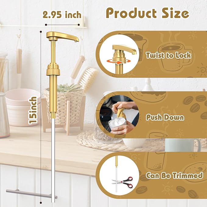 Coffee Syrup Pump Dispenser, 4 Packs of Syrup Pump for 750ml/25.4 oz Syrup Bottle, Gold Pumps for Coffee Syrup Bottle, works with Torani, DaVinci, Jordans Skinny 750ml Syrups Bottles (Gold)