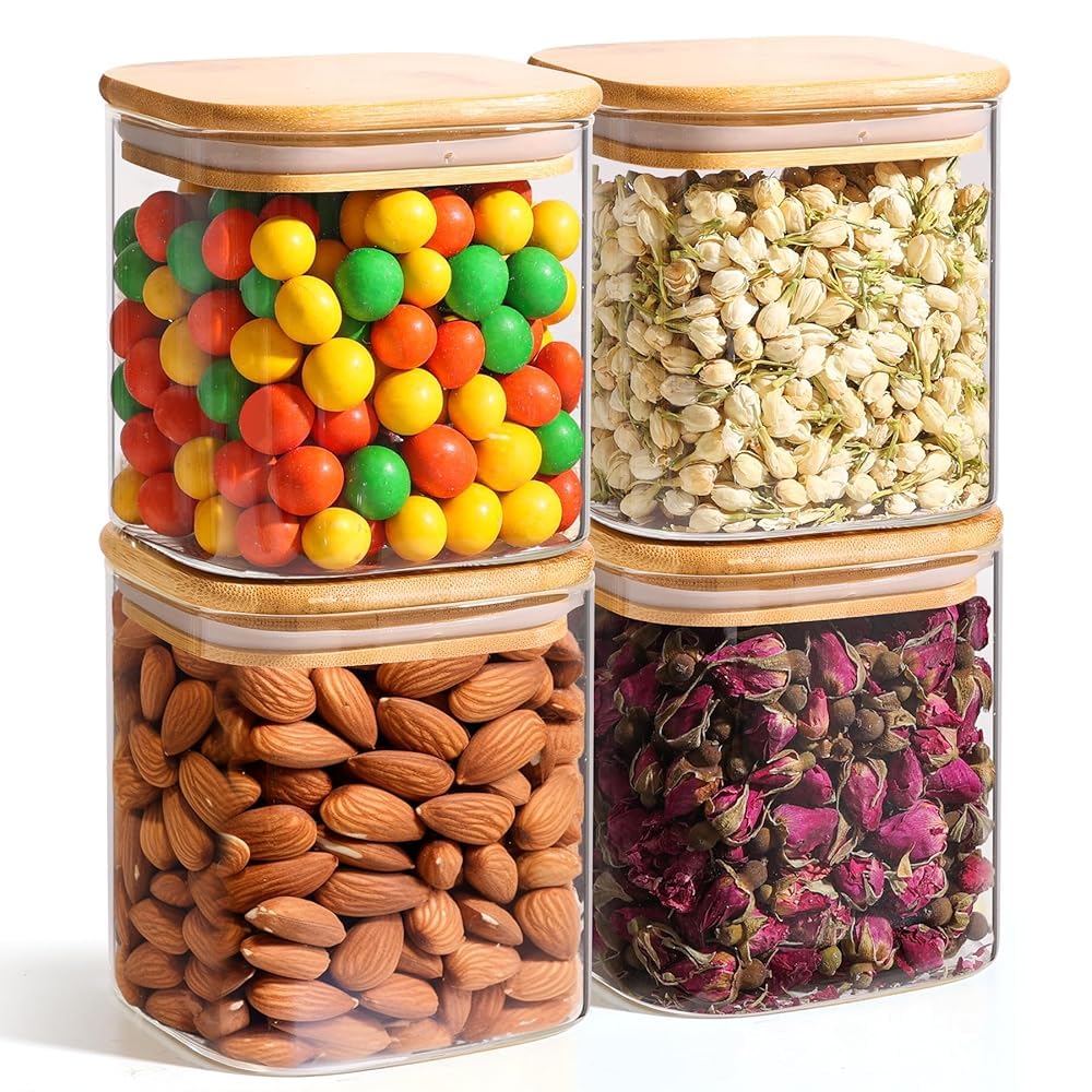 ComSaf Square Glass Containers with Lids 0.6 Qt, Set of 6 Small Glass Jars