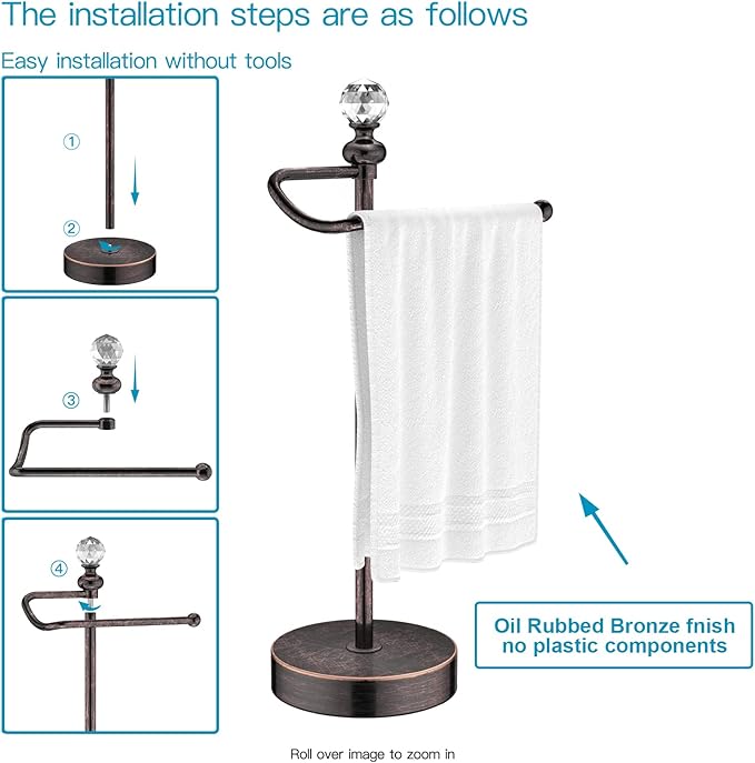 Bathroom Hand Towel Holder with Crystal Ball, Countertop Towel Holder Stand 15.7” H, Stainless Steel Classic Vintage Hand Towel Rack Stand with Heavy Weighted Base (Oil Rubbed Bronze, 2 Pack)