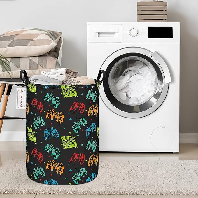 QUEENLALA Large Storage Basket,Laundry Hamper/Bathroom/Home Decor/Collapsible Round Storage Bin,Boys and Girls Hamper/Boxes/Clothing(Round-Black Game)