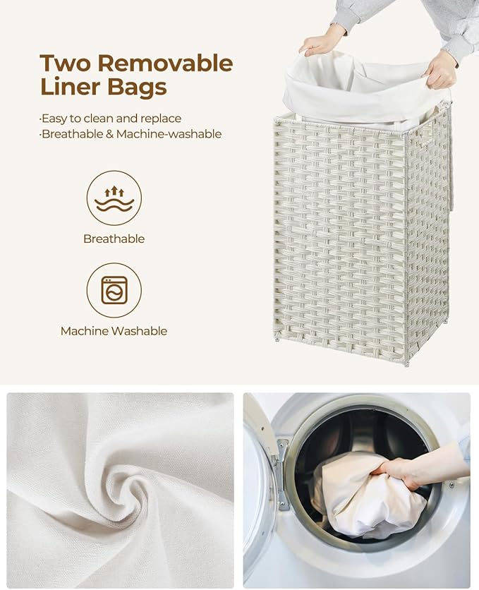 Greenstell Laundry Hamper with Lid, 60L Clothes Hamper with 2 Removable Liner Bags & 2 Mesh Bags, Handwoven Synthetic Rattan Basket, Toys in Bathroom, Bedroom White
