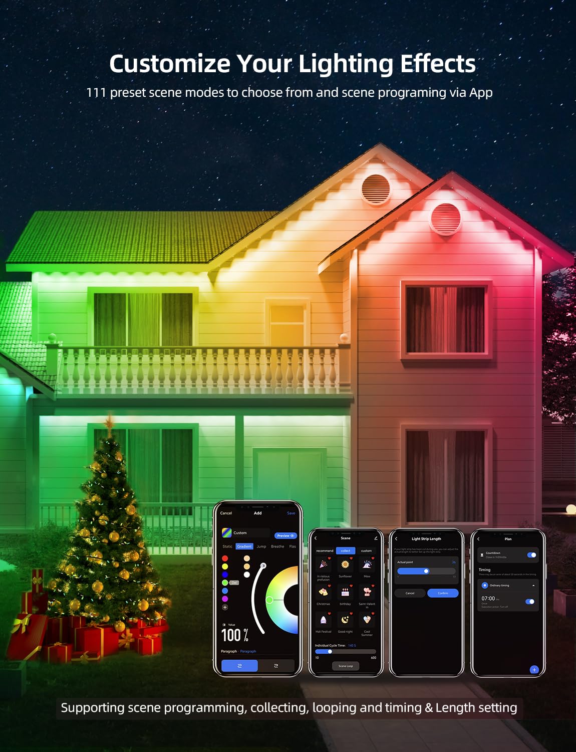 APPECK Permanent Outdoor Lights 100ft with 72 LEDs, DIY Scene Modes, Smart RGBW String Lights Waterproof, App & Remote Control for Christmas, Holidays, Compatible with Alexa, Google, Black
