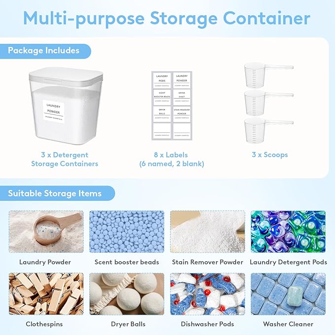 Lifewit 3 Pcs Laundry Pods Container with Pop-up Lid, Detergent Dispenser, Dryer Sheet Holder, Laundry Room Organization Storage Jars for Washing Powder, Soap, Scent Booster Beads, 2700 ml/0.72gal