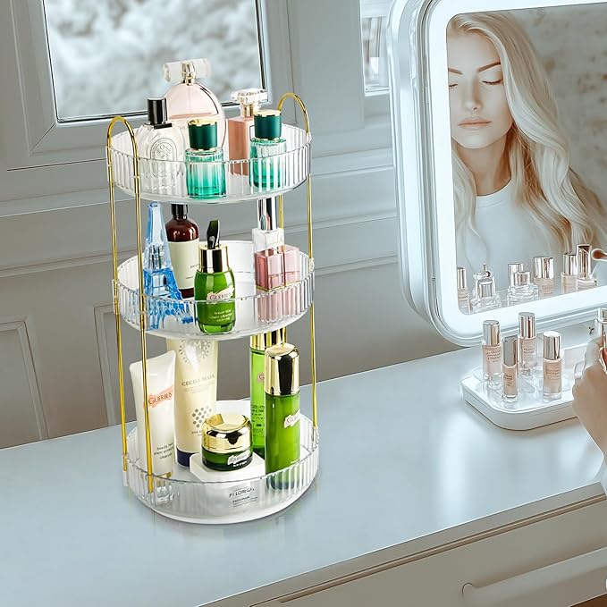 360 Rotating Makeup Organizer - Large Capacity Spinning Perfume & Cosmetic Skincare Holder for Countertop (Pearl White, 3 Tier)
