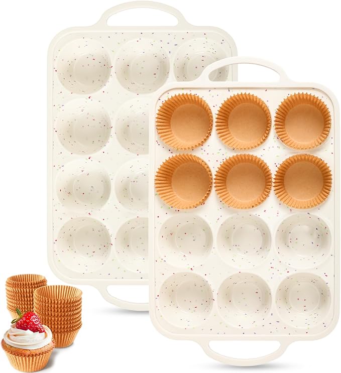 SiliFine 2 Silicone Muffin Pans with 200 Liners, Nonstick, 12-Cup Regular