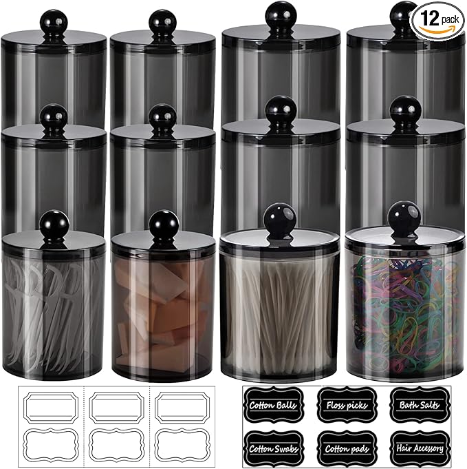 SheeChung 12 Pack Qtip Holder,Black Acrylic Apothecary Jars with Lids & Labels - (6) 10oz & (6) 12oz Qtip Holder Set,Plastic Bathroom Canisters,Minimalist Shatterproof Home Bathroom Storage Organizer