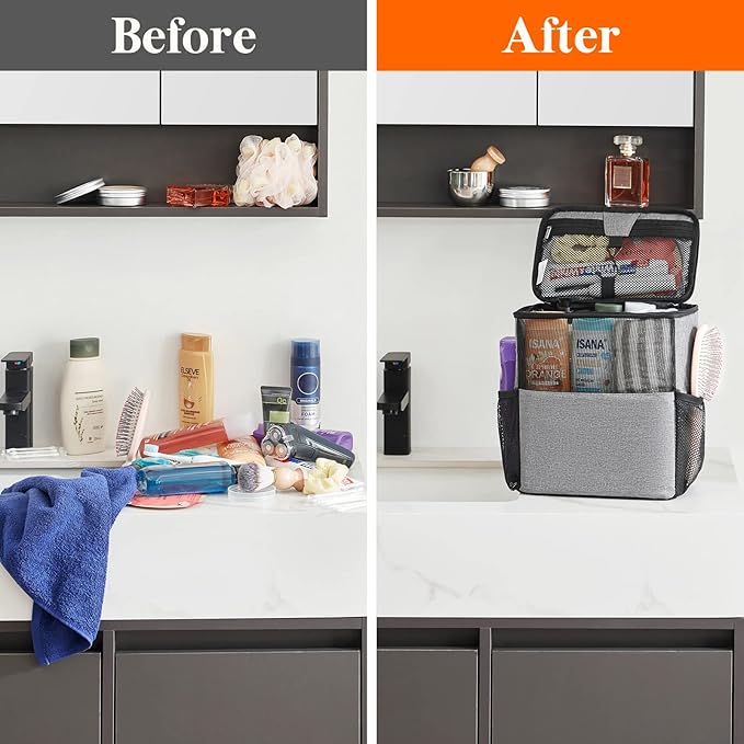 Lifewit Mesh Shower Caddy Bag Portable for College Dorm Room Essentials, Hanging Organizer Basket, Quick Dry Tote Bag for Camping, Bathroom, Beach, Travel, Medium, Grey