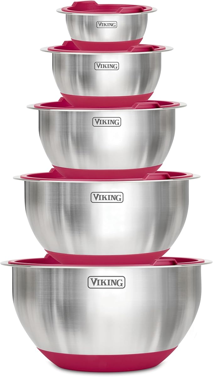 Viking Mixing Bowls Set, 10 Piece Stainless Steel Kitchen Cookware, Non-Slip Silicone Base, Includes Tight Fit Lids, Dishwasher Safe, Blue
