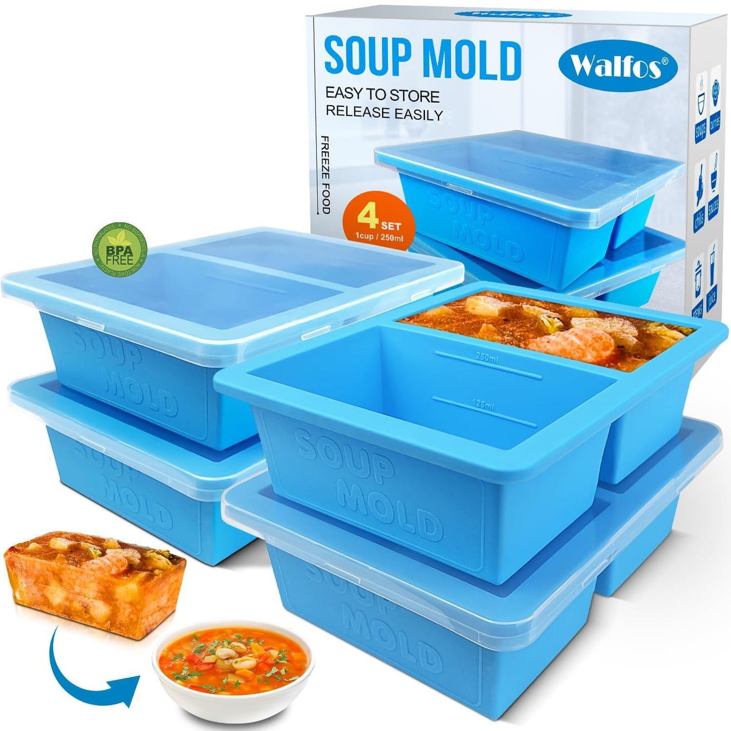 Walfos Silicone Soup Freezer Container, 1-Cup Soup Freezer Cube Tray with Lid Prevents Freezer Odo, 3 Pcs Soup Freezer Molds, Perfect For Storing and Freezing Soup, Broth, Sauce
