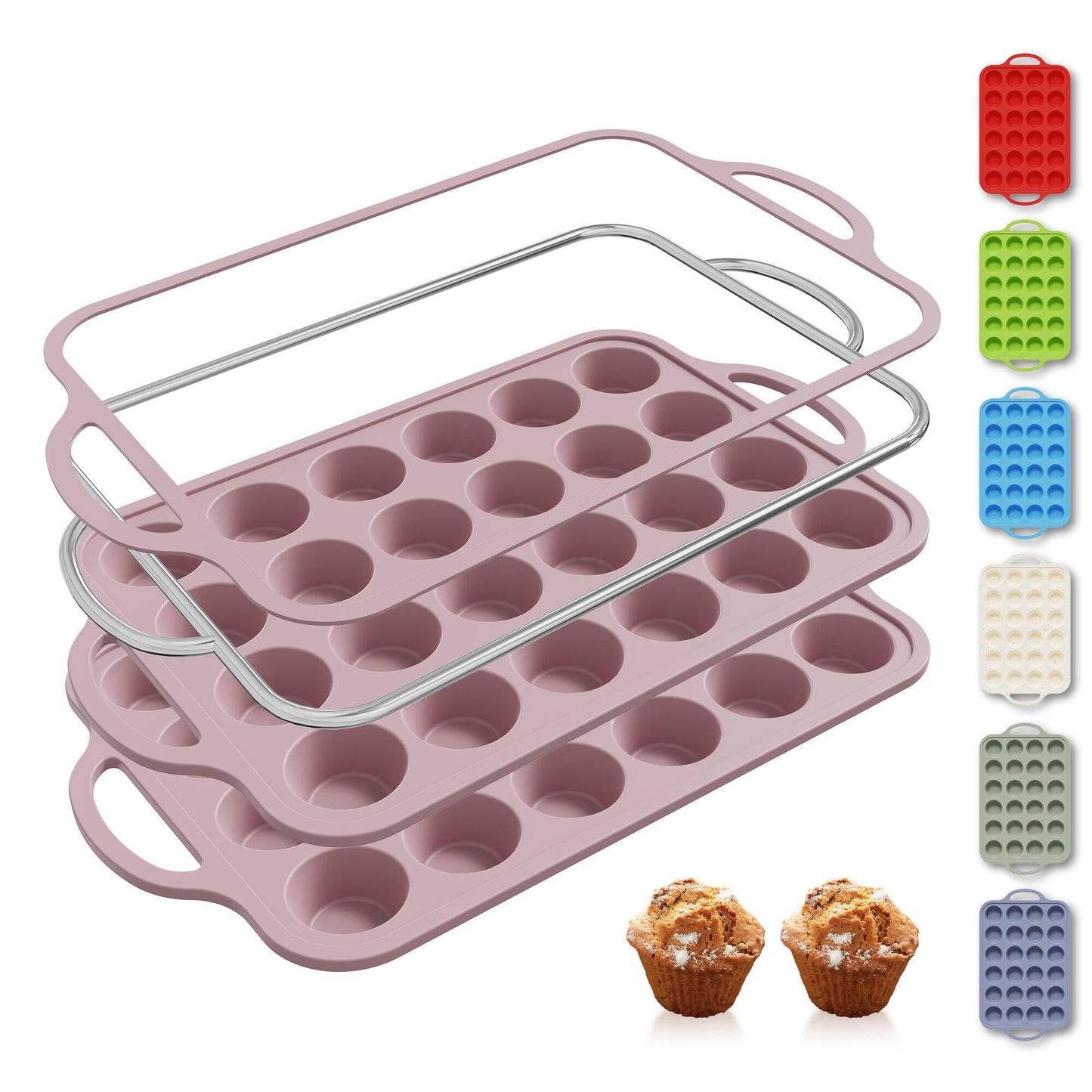 2 Packs 12 Cups Silicone Muffin Pan for Baking with Metal Reinforced Frame Regular Size Cupcake Pan Tray Chocolate Egg Pizza Bites Oven Top Cookie Molds Muffin Tin Tart Pans Sheet Set Bakeware Liner