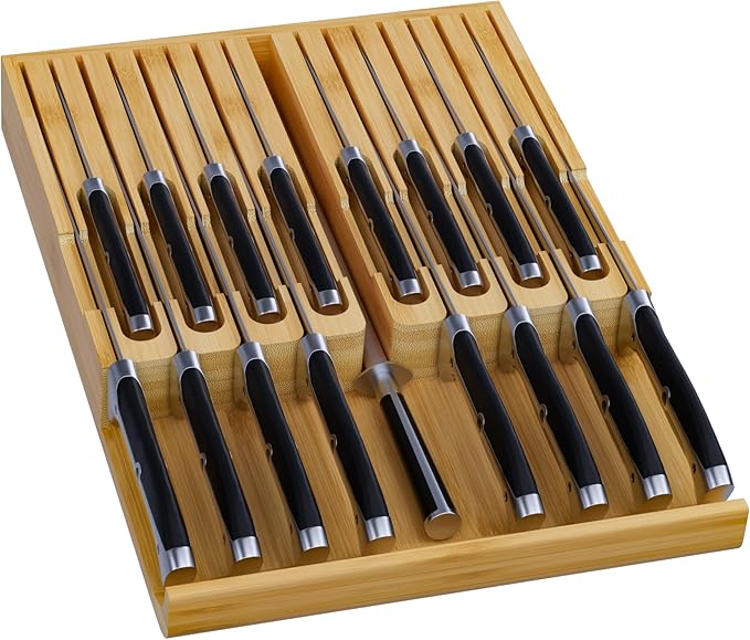 Domax Knife Drawer Organizer Insert Bamboo for 12 Knives, Gray