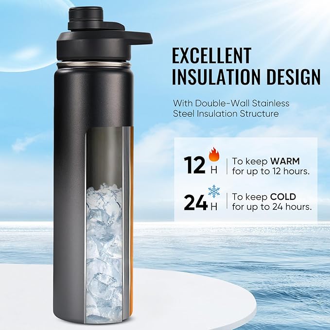 24 oz Insulated Water Bottle with Handle, 304 Stainless Steel Water Bottles with Wide Mouth, Double Wall Vacuum Sports Water Bottle, BPA Free, Keep Cold and Hot, Black/Gray