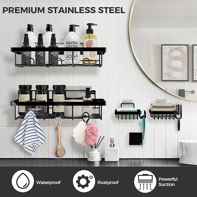 4-Pack Adhesive Shower Caddy - Rustproof Stainless Steel Shower Organizer - Large Capacity No-Drill Shower Shelves for Inside Shower Storage - Versatile Wall Mount Rack for Bathroom & Kitchen (Black)