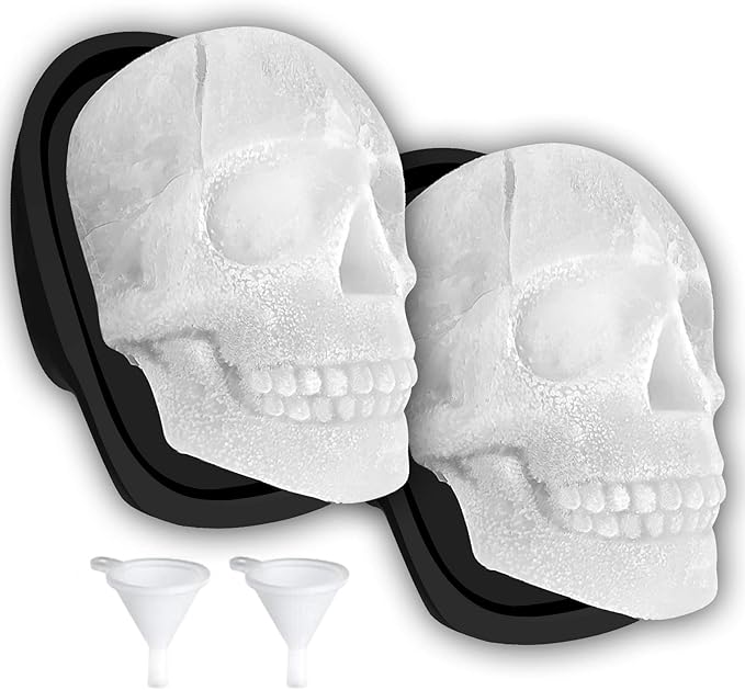 Extra Large 3D Skull Ice Cube Mold Silicone Ice Molds for Whiskey Ice Cube Trays with Funnel for Big Mouth Cup Skull Ice Maker with Resin Chocolate sugar Whiskey Ice Mold for Parties (4 PCS)