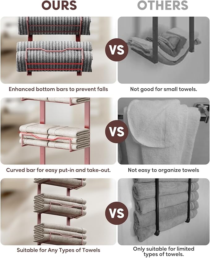 Hanging Towel Racks for Bathroom No Drill - 6-Tier Over The Door Bath Towel Storage Organizer for Small Bathrooms - Tiered Back of Door Towel Holder Hanger for Rolled Towels RV Camper Rose Gold