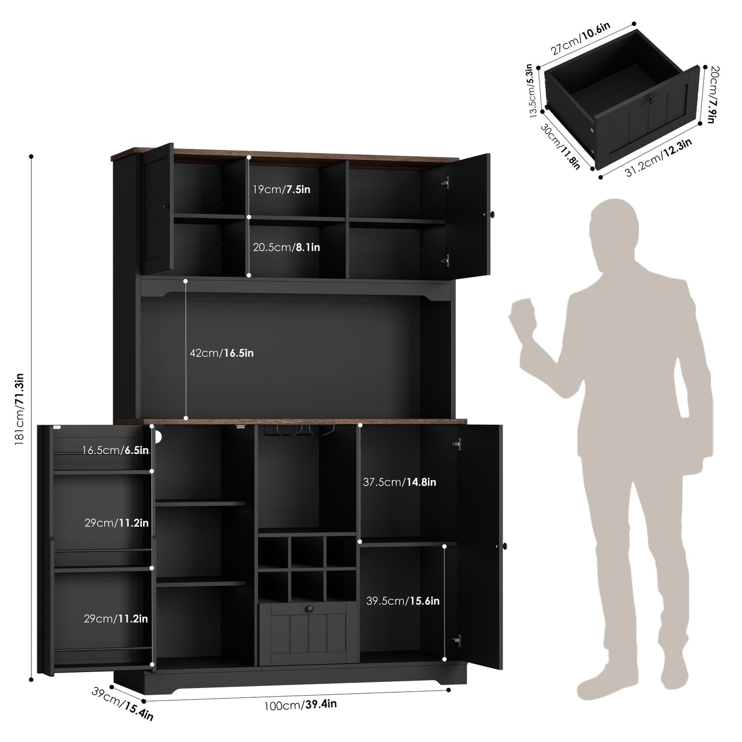 FINETONES 71" Kitchen Pantry Cabinet with LED Light and Charging Station