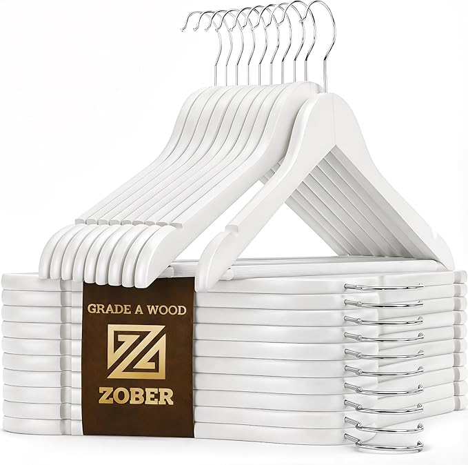 ZOBER White Wooden Hangers - Heavy Duty, Non Slip Wood Hangers for Coats, Jackets, Suits, & Pants - Coat Hangers for Closet W/Bar and Notches 20 Pack
