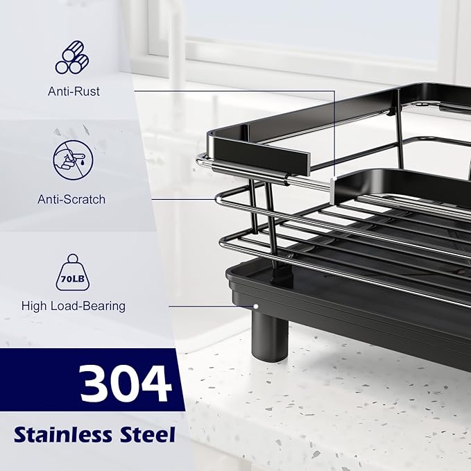 In Sink Dish Drying Rack, Expandable Over The Sink Dish Rack for Small Kitchen, Space Saving Stainless Steel Black Dish Drainer with Utensil Holder, 14.1"-21.2" L x 11"W, Compact Plate Dryer Strainer