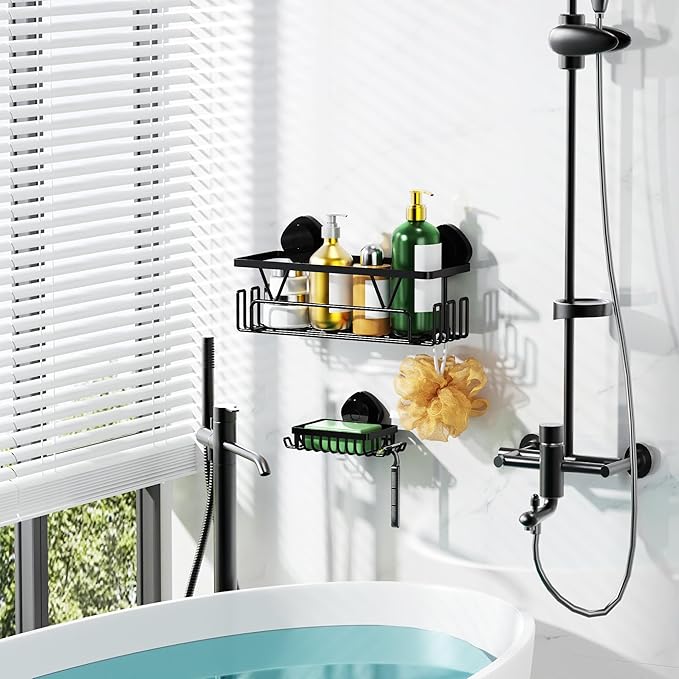 ZUNTO Suction Cup Shower Caddy with Extra Soap Holder, No Drill Shower Shelf Organizer Set with Hooks, Wall Mounted Storage Shelves Organizer for Bathroom and Kitchen, Pack of 2