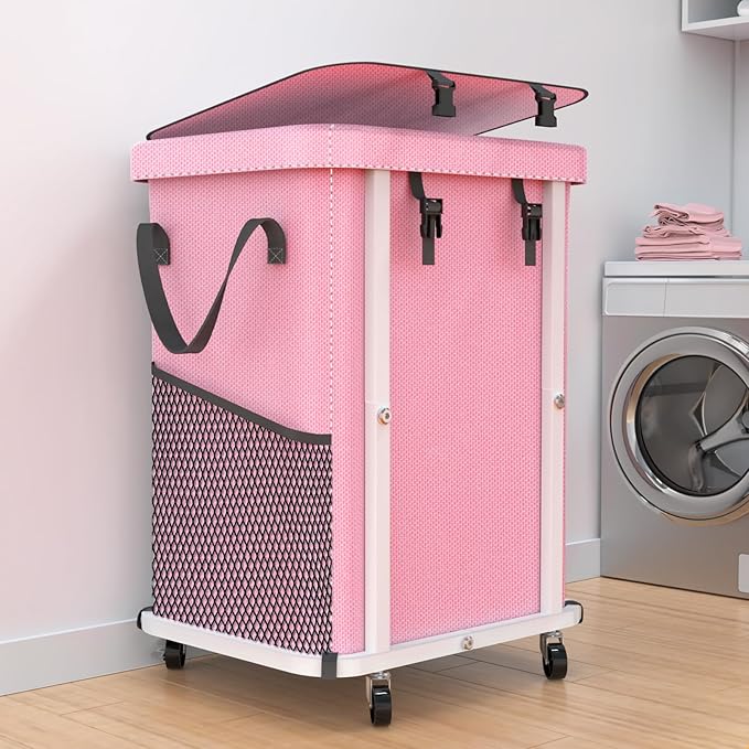 40 Gal(150L) High Grade Large Laundry Basket with Wheels, Rolling Laundry Hamper, Laundry Cart with Metal Frame and Removable Bag Design, Suitable for Laundry Room, Bedroom (Pink, 150L)
