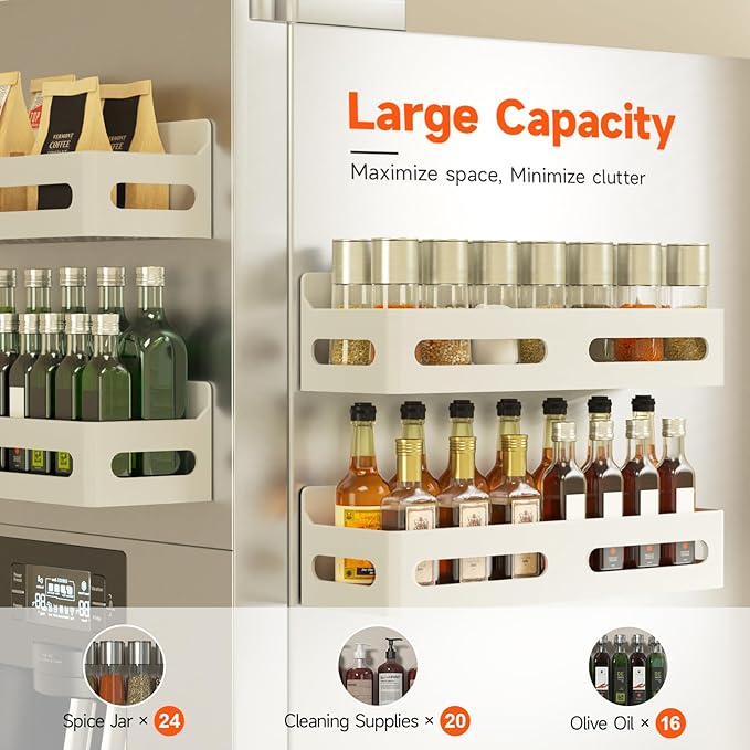 4 Pack Strong Magnetic Spice Rack for Refrigerator, Multipurpose Magnetic Shelf for Fridge with 4 Hooks for kitchen and Bathroom Organization, White