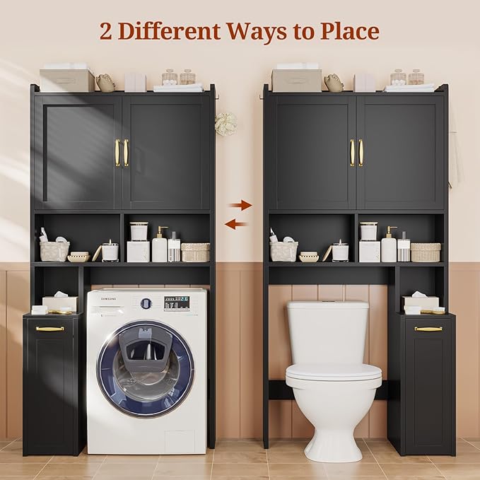 Over The Toilet Storage Cabinet with Pulley Small Bathroom Storage Cabinet, Space Saver W/Adjustable Shelf & Open Shelf for Bathroom, Restroom, Laundry (Black)