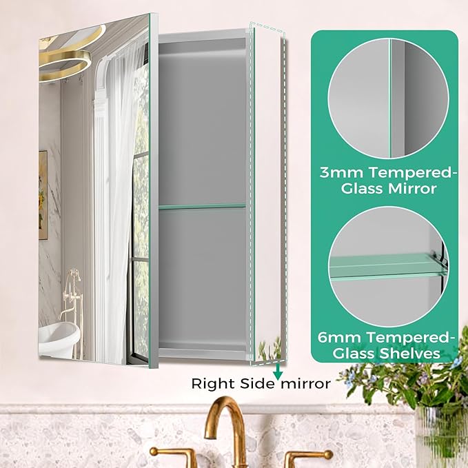 14 x 18 in Medicine Cabinet Mirror,Bathroom Mirror Cabinet with Adjustable Shelves, Aluminum Silver Medicine Cabinets for Bathroom,Vanity Decor,Wall Mounted or Recessed