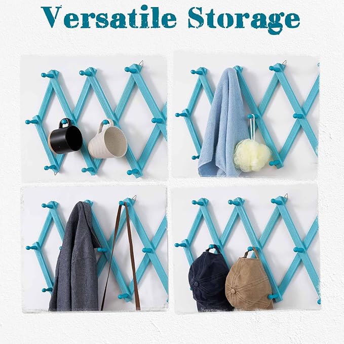 Beachy Coastal Wall Rack with 16 Hanging Hooks, Beach Decorations for Home, Nautical Style Wall Mounted Wood Coat Rack(Rustic Blue)