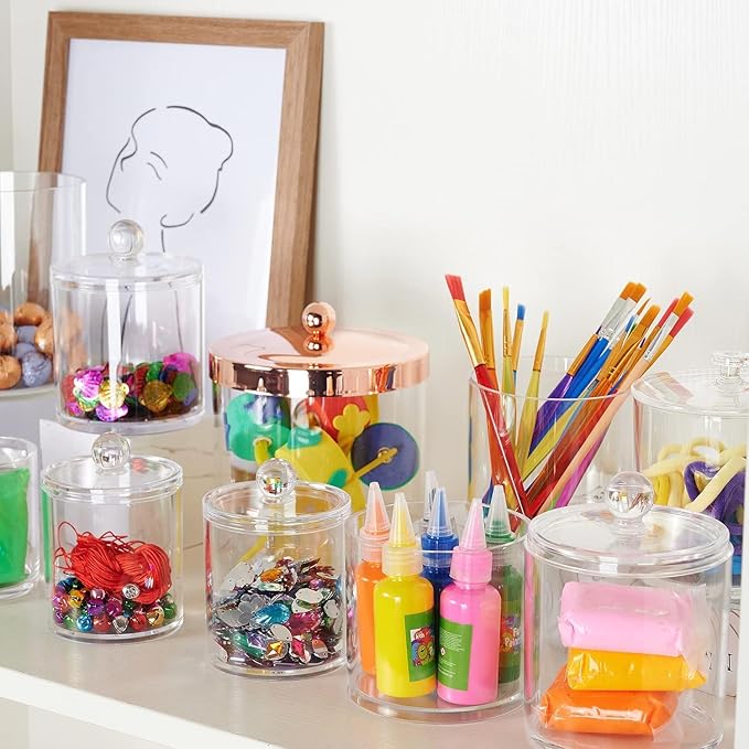 SheeChung 6-Pack Clear Acrylic Apothecary Jars with Labels - (3) 10oz & (3) 12oz Qtip Holder Set - Shatterproof Bathroom Vanity Organizer for Cotton Swabs, Balls, Pads - Minimalist Decor