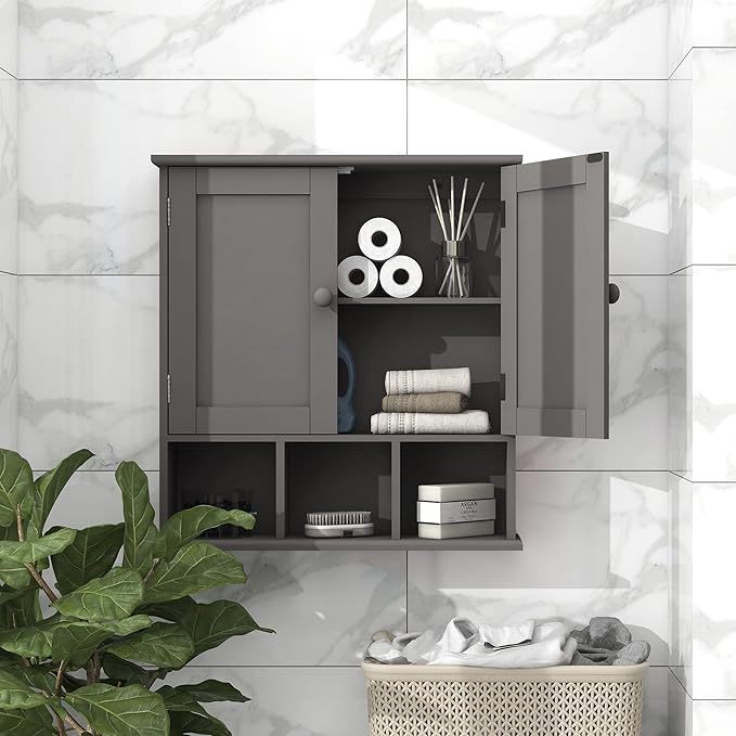 TaoHFE Grey Bathroom Cabinet,Bathroom Wall Cabinet with 2 Door Adjustable Shelves,Over The Toilet Storage Cabinet,Bathroom Cabinet Wall Mounted,Medicine Cabinets for Laundry Room Kitchen