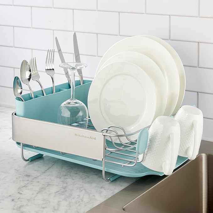 KitchenAid Compact Space Saving Rust Resistant Dish Rack with Removable Flatware Caddy and Angled Self Draining Drainboard, 12.63 x 15.87 x 5.54 Inch, Mineral Water