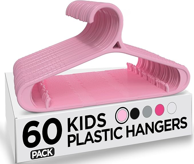 Utopia Home Kids Hangers 60 Pack - 11 Inch Plastic Baby Hangers for Closet - Childrens Hanger for Clothes & Infant Hanger for Closet - Non-Slip Shoulder Grooves, Strap Hooks & Pants Bar (Baby Pink)