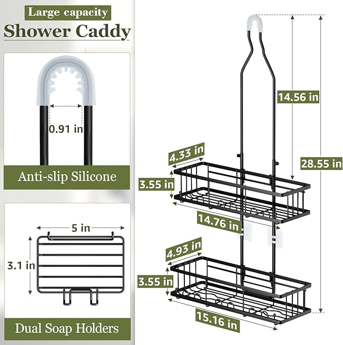 Shower Caddy Hanging: Adjustable Height Organizer for Over Showerhead - Black Rustproof Shower Shelves with Hooks & 2 Soap Holders