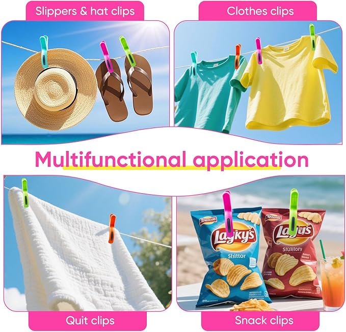 HiGift Beach Towel Clips for Beach Chairs, Towel Holder for Pool Lounge Chair Cruise Essentials, 8 Pack Jumbo Size Clothes Pins Vacation Must Have to Keep Towel from Blowing Away, 4 Bright Colors