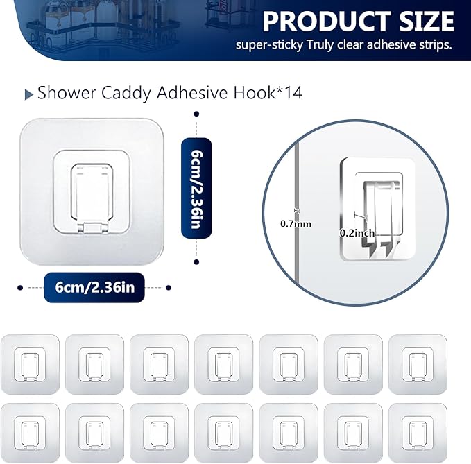Shower Caddy Adhesive Replacement Hooks, Strong Waterproof Strips, No Drilling for Bathroom Shelves, Kitchen Racks, and Soap Holders (Transparent-14 Pack 1Hook)