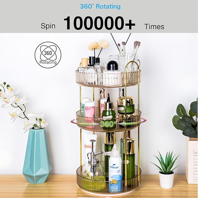 360 Rotating Makeup Organizer - Large Capacity Spinning Perfume & Cosmetic Skincare Holder for Vanity & Countertop (Vibrant Orange, 3 Tier)