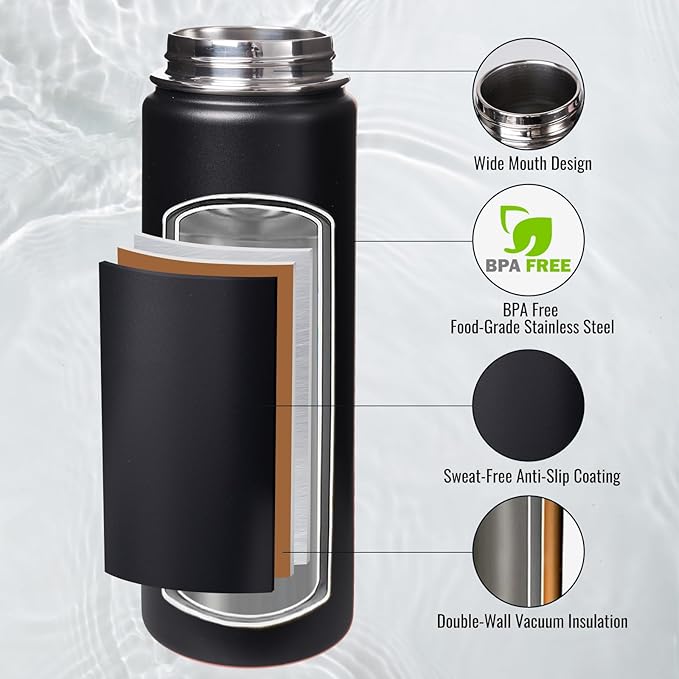 24 oz Insulated Water Bottle with Handle, 304 Stainless Steel Water Bottles with Wide Mouth, Double Wall Vacuum Sports Water Bottle, BPA Free, Keep Cold and Hot, Black | with Handle, Water Bottles, Wide Mouth, Double Wall Vacuum, Sports Water Bottle, B...