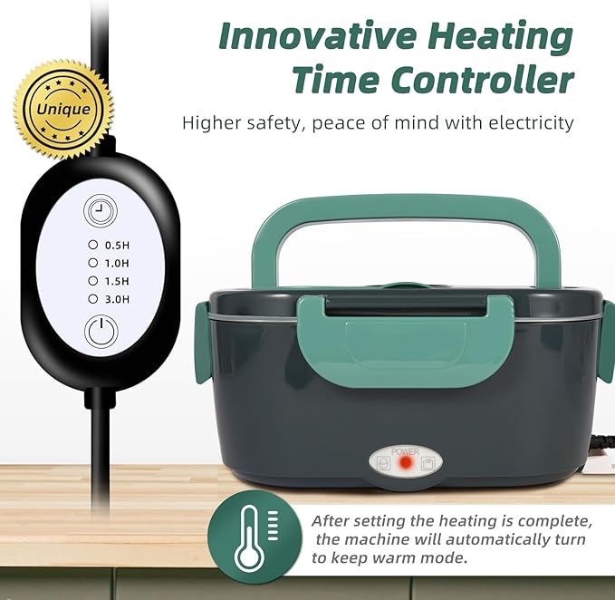 Heated Lunch Box with Heating Time Controller, Automatic Heat Preservation 110V Electric Lunch Box for Home/Office, Portable Food Warmer 12V/24V for Car/Truck with 80W Self Heating