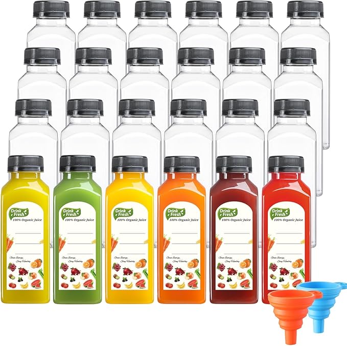 24 PACK, 12 OZ Reusable Plastic Juice Bottles with Caps, Plus 24 Labels & 2 Silicone Funnels - Clear Juicing Bottles for Juice, Smoothies, Ginger, Tea, Coffee - Food Grade & Leakproof Travel Bottles