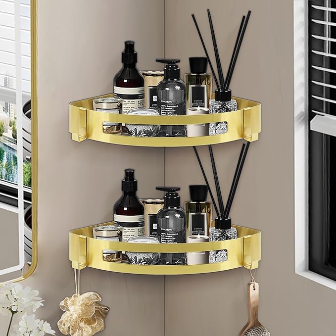 NearMoon Bathroom Corner Shelf Shower Caddy 2 Pack, No Drill 304 Stainless Steel Shower Organizer with 2 Hooks (Gold)