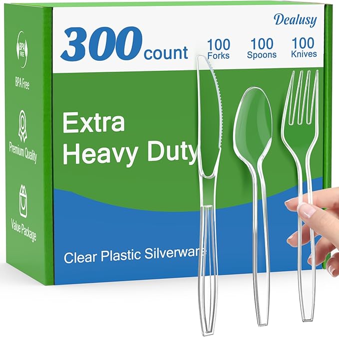 Dealusy 300 Count Extra Heavy Duty Silver Plastic Silverware