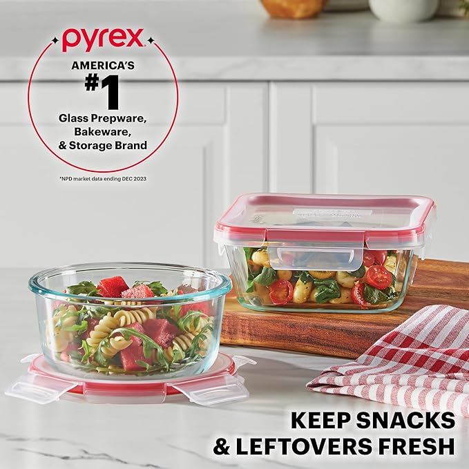 Pyrex Freshlock (7-Pack) Glass Food Storage Containers Set, (1, 2, 4 Cups) Airtight & Leakproof Plastic Locking Lids BPA-Free, Meal Prep Containers Set, Freezer Dishwasher Microwave Safe