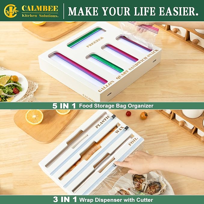 Calmbee Storage Bag Organizer - Foil & Plastic Wrap Organizer with Cutter, Kitchen Storage Compatible with Gallon, Quart, Sandwich, Snack Bags & 12" Aluminum Foil & Wax Paper, White