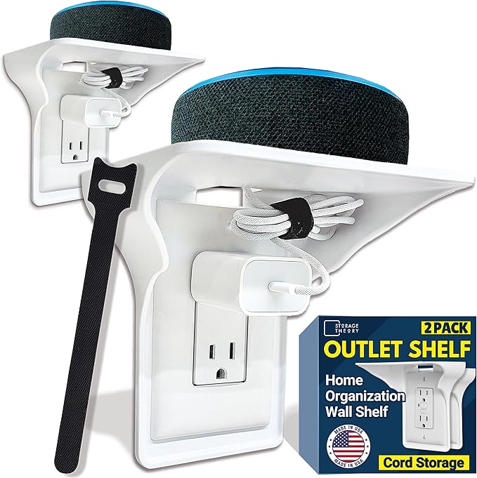 BeraTek Power Perch Wall Outlet Shelf with Cord Storage Strap - Declutter & Reclaim Counter Space - Top Uses: Charging Shelf, Echo Dot Stand, Apple HomePod Mini Wall Mount - White, 2-Pack