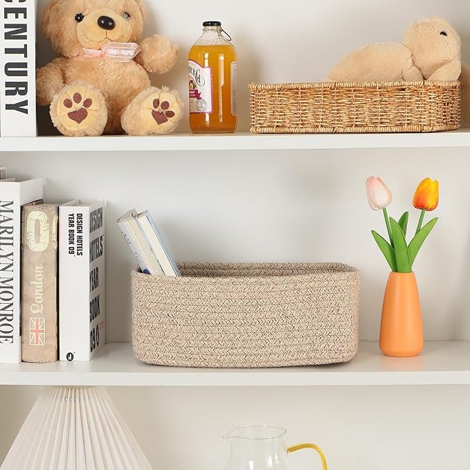 Small Storage Baskets for Organizing | Closet Organizer Bins | Shelf Toy Basket | Woven Rope Baskets | Cube Decorative Box | Shallow Basket | L11.5xW7.5xH4.7| Brown