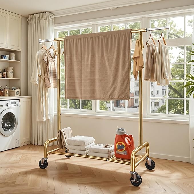 Raybee 75" W Heavy Duty Clothes Rack Load 450 LBS, Metal Garment Storage with Shelf, Lockable Wheels & Anti-Slip Stoppers, Rolling Clothing Rack for Bedroom Laundry Room, Gold