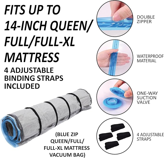 Storage Logic Queen/Full/Full-XL Foam Mattress Vacuum Bag with Blue Zipper, Mattress Storage Bag