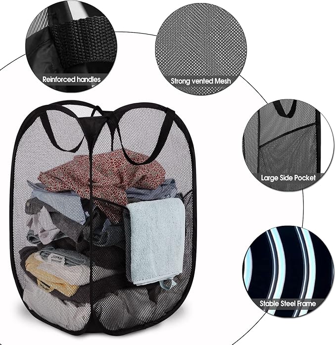 BATTOO Deluxe Strong Mesh Pop up Laundry Hamper Basket with Side Pocket Foldable Hamper for Laundry Room, Bathroom, Kids Room, College Dorm or Travel Navy + Black