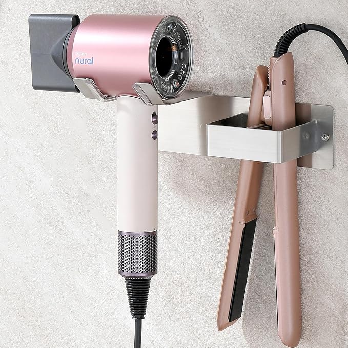 Hair Dryer Holder Wall Mounted, Stainless Steel Blow Dryer Holder for Bathroom, Hair Dryer and Straightener Holder Adhesive or Drilling, Hair Tool Organizer for Salon Barber Shops Banjekt